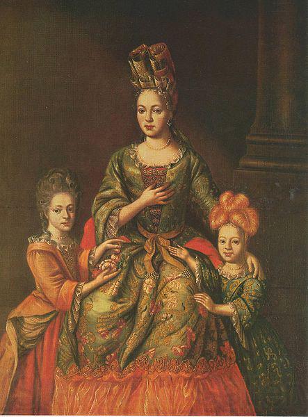 unknow artist Anastasia Naryshkina, wearing fontange, with her daughters Alexandra and Tatyana